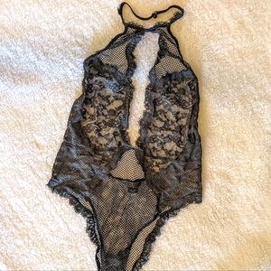 Victoria's Secret Black Floral Lace Halter Body Suit- Sexy Lace Lingerie